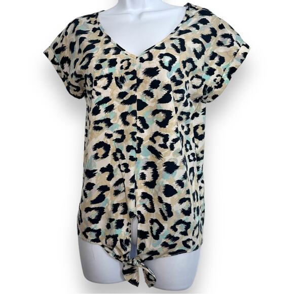 Juicy Couture Navy Blue Multi Animal Print V-Neck Short Sleeve Relaxed Fit Top S - Picture 1 of 8